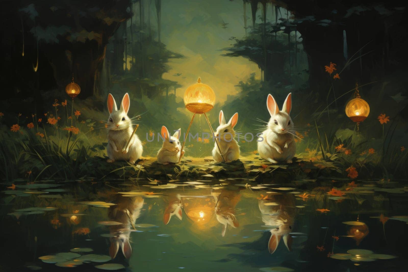 Within the realm of fantasy, playful moon rabbits frolic, their presence bringing luck and fortune to those fortunate enough to encounter them.