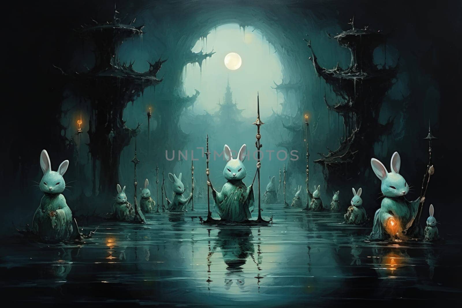 Within the realm of fantasy, playful moon rabbits frolic, their presence bringing luck and fortune to those fortunate enough to encounter them.