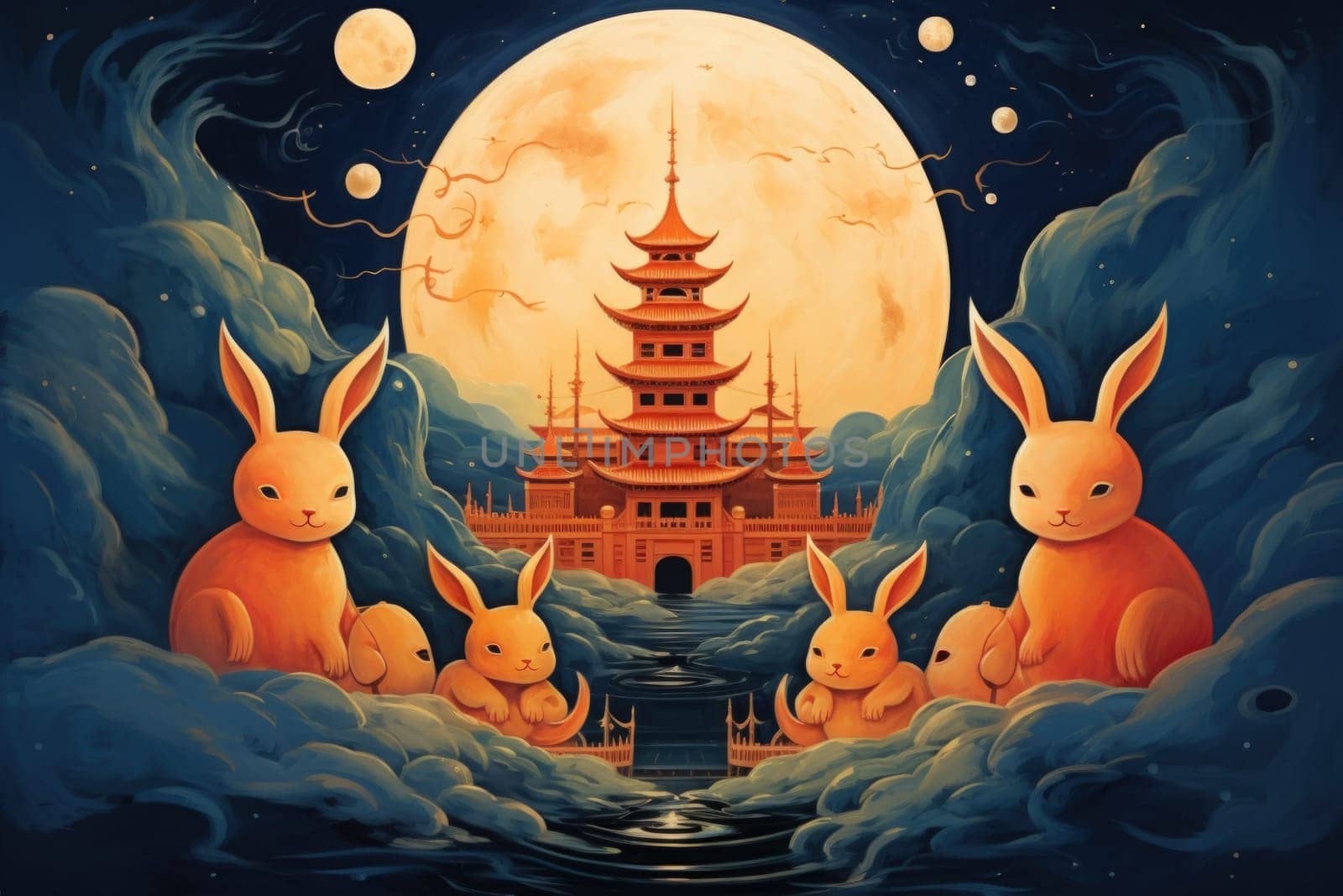 Within the realm of fantasy, playful moon rabbits frolic, their presence bringing luck and fortune to those fortunate enough to encounter them.
