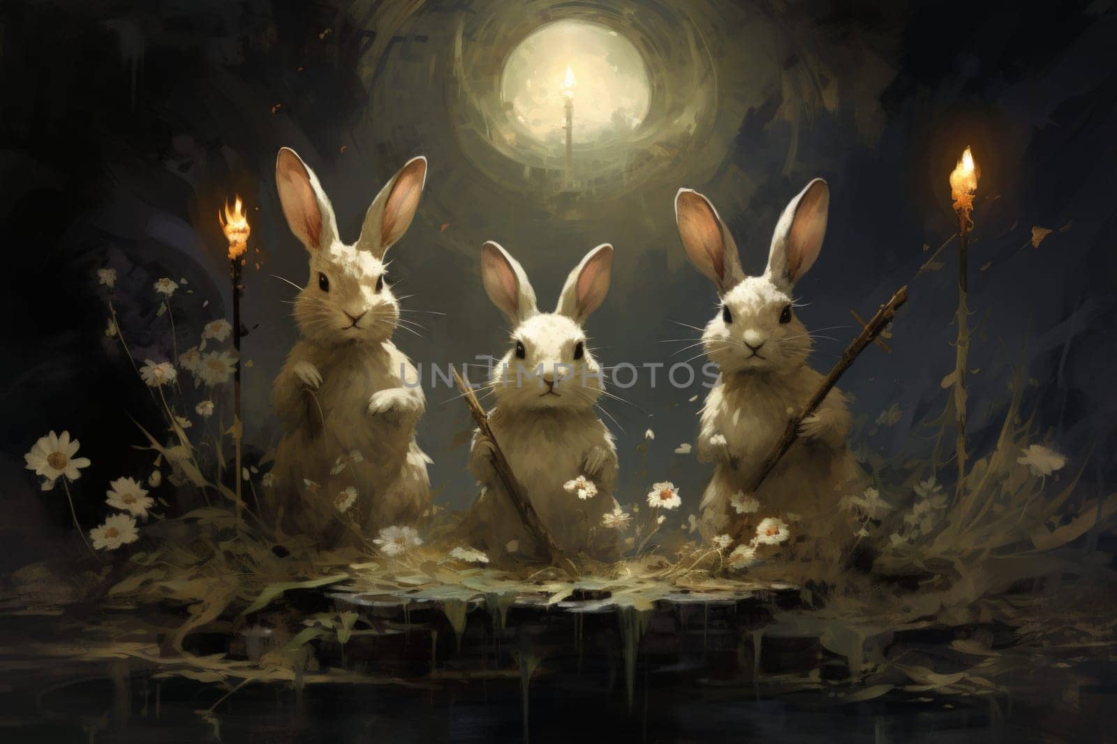 Within the realm of fantasy, playful moon rabbits frolic, their presence bringing luck and fortune to those fortunate enough to encounter them.