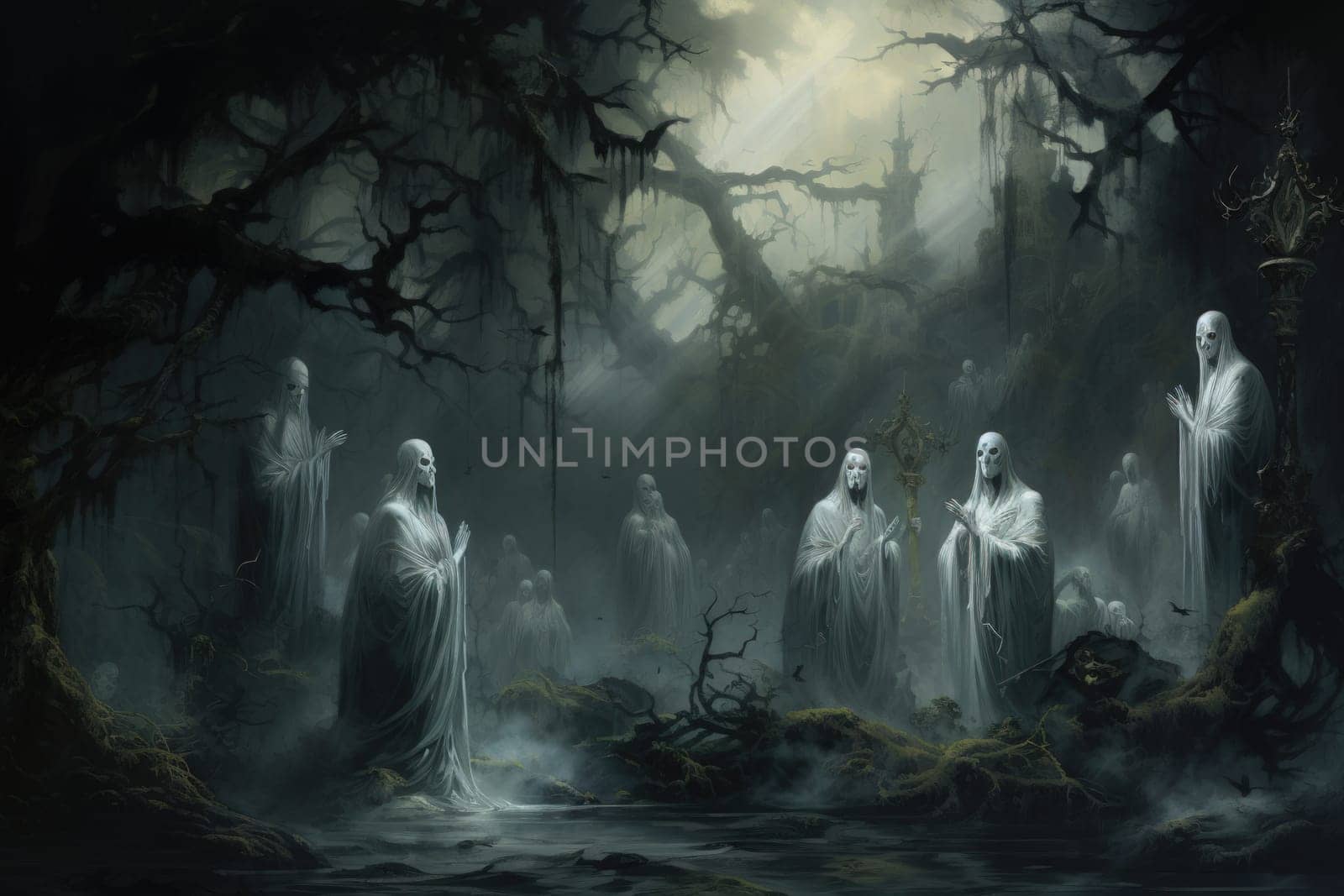 Deep within the realm of fantasy, vengeful banshees dwell, their anguished wails piercing the stillness of haunted forests.
