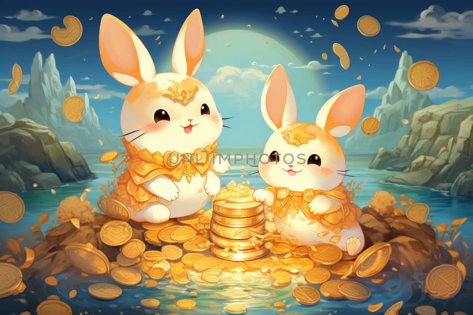 Within the realm of fantasy, playful moon rabbits frolic, their presence bringing luck and fortune to those fortunate enough to encounter them.