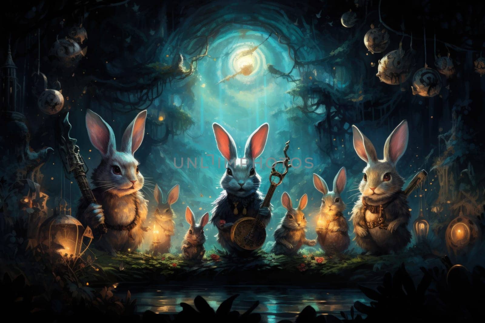 Within the realm of fantasy, playful moon rabbits frolic, their presence bringing luck and fortune to those fortunate enough to encounter them.
