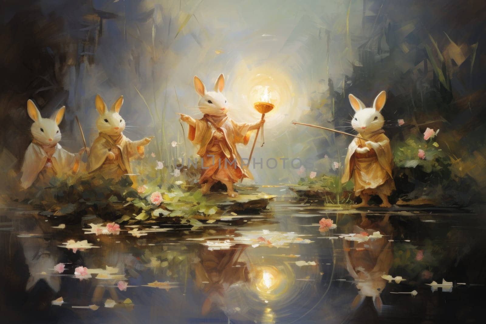 Within the realm of fantasy, playful moon rabbits frolic, their presence bringing luck and fortune to those fortunate enough to encounter them.