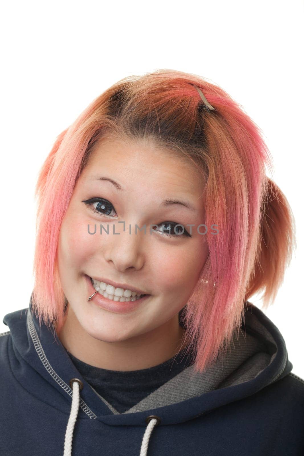 Modern teenager looking in camera,portrait against white background