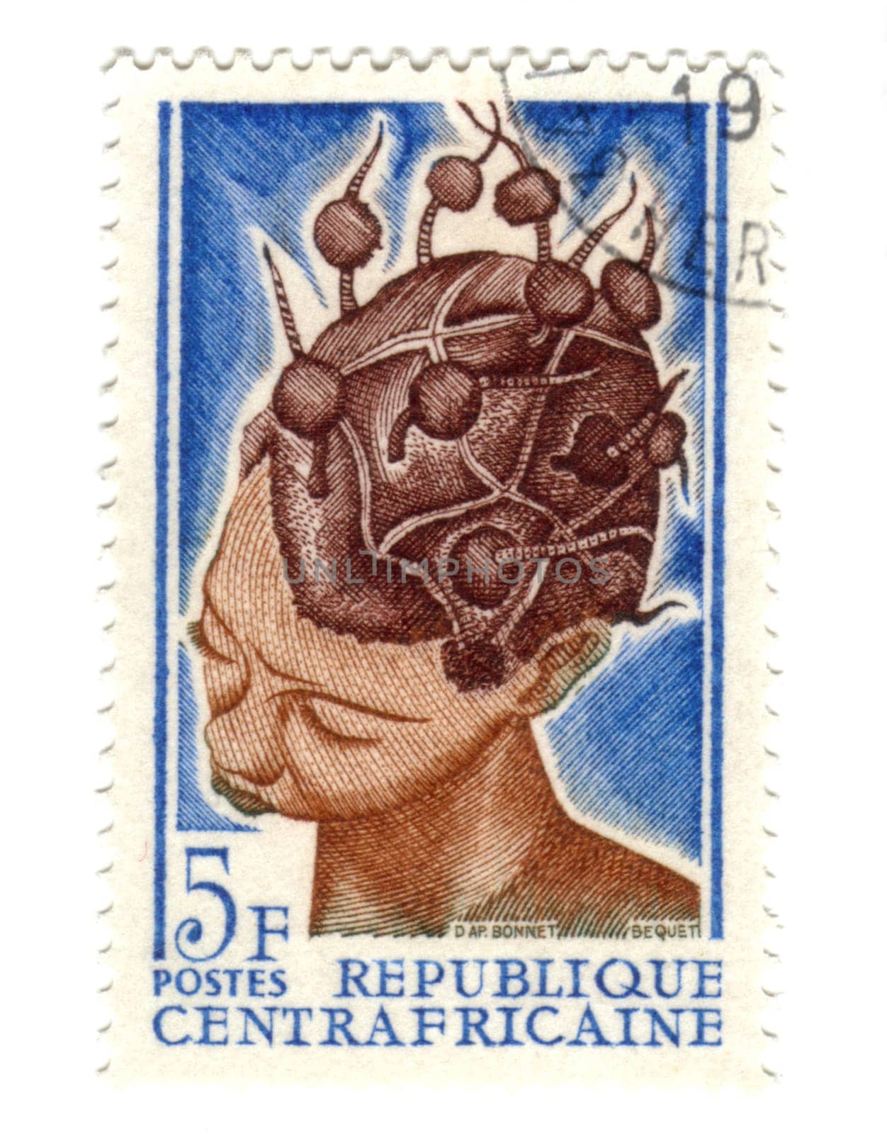 central african stamp with woman 5F