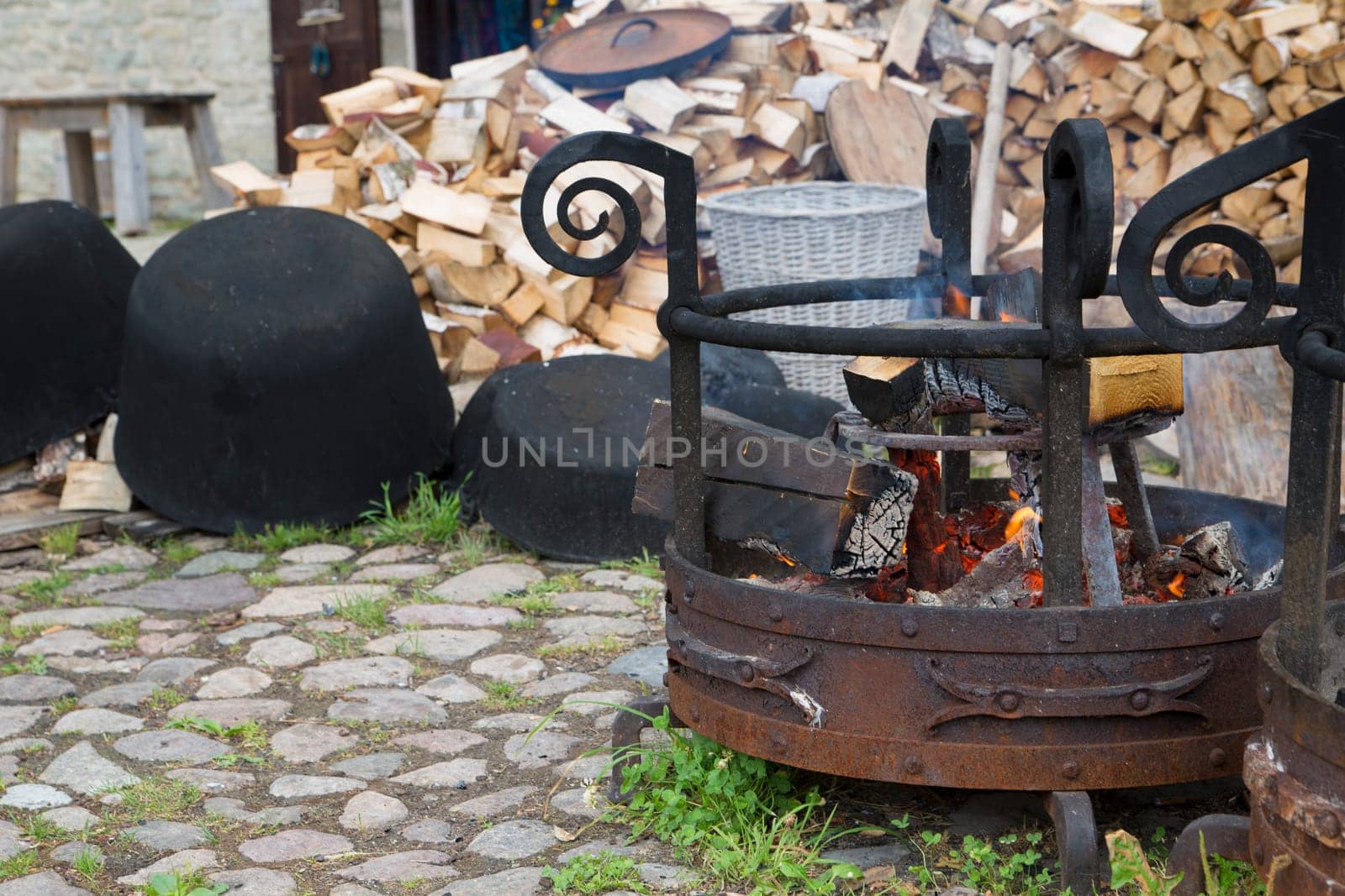 Tree pots near firewood and burning open fireplace