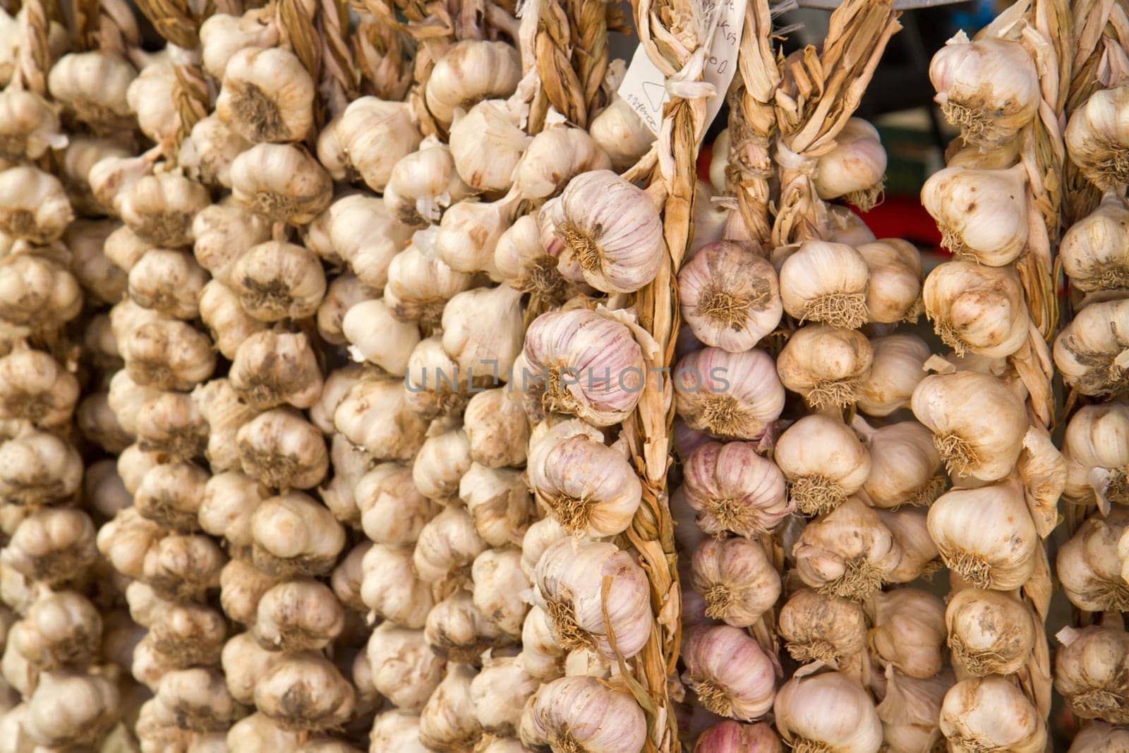 Organic garlics hanging in a market place