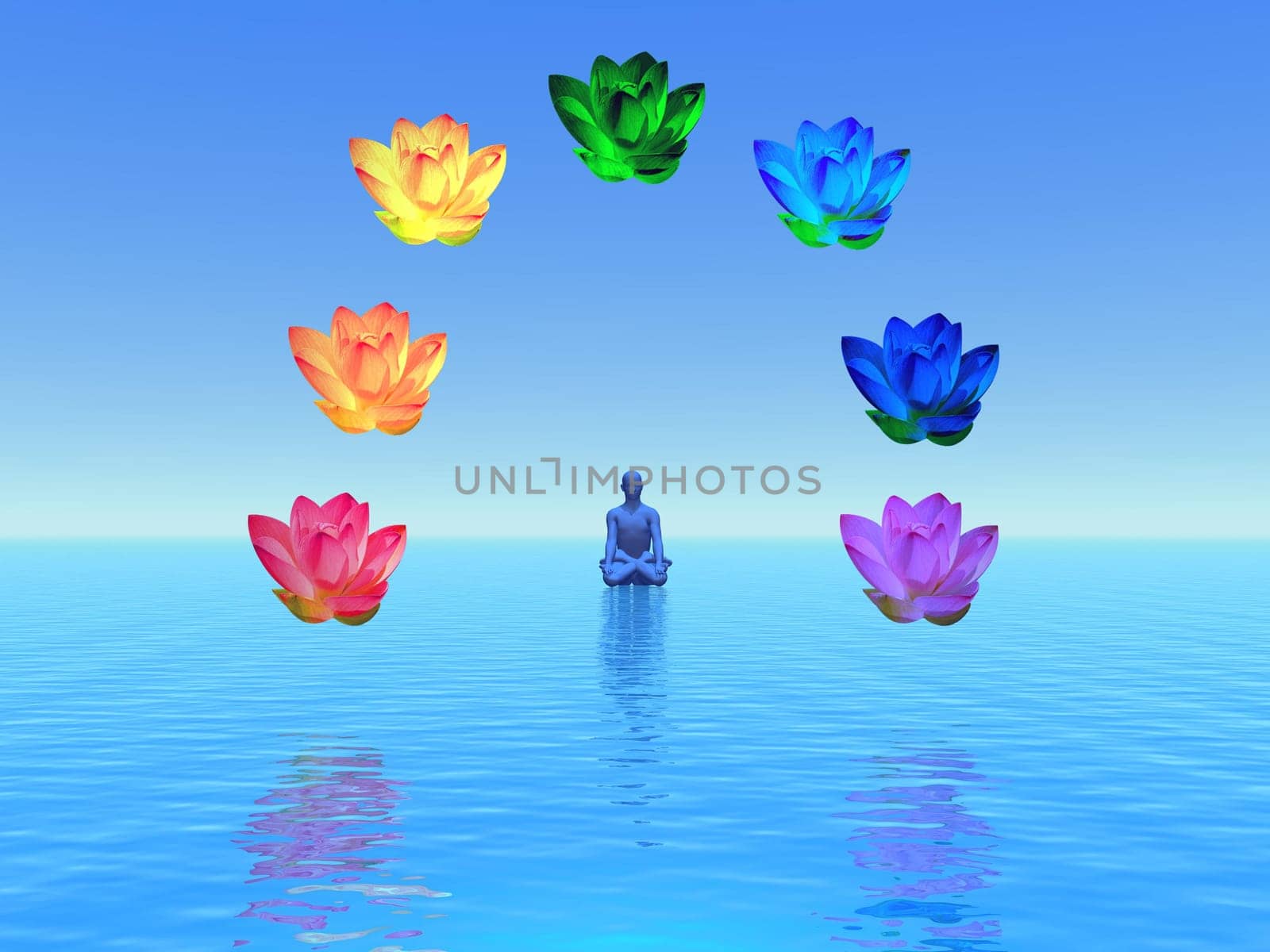 Man in meditation surrounded with colorful lotus as chakras, on the ocean and in blue background