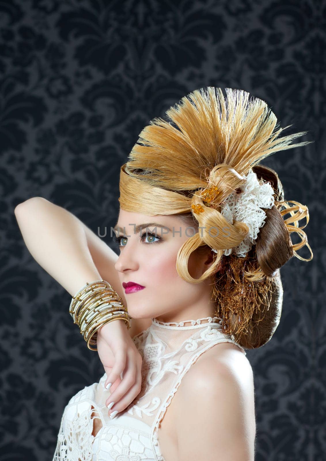 Hairdressing and makeup fashion woman on dark background