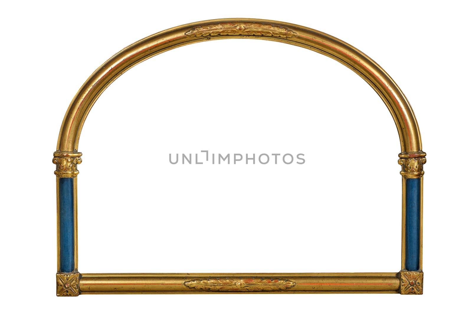 Semi-circular gilded picture frame with blue columns