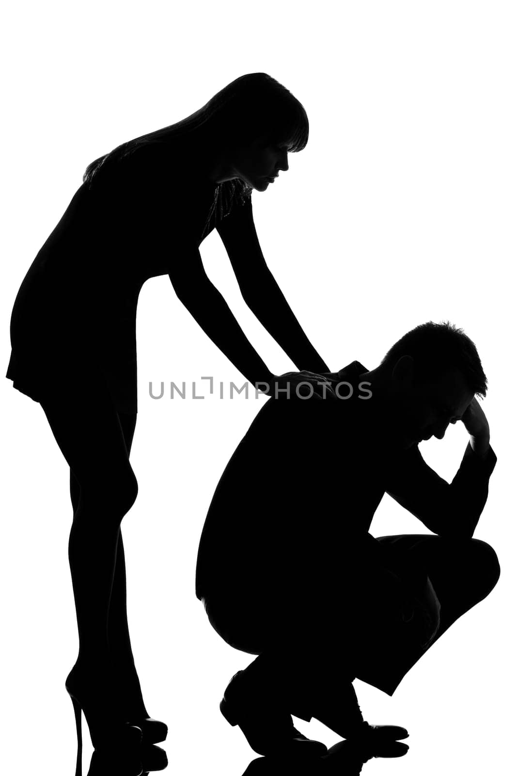 one caucasian couple man sad  and woman caring consoling in studio silhouette isolated on white background