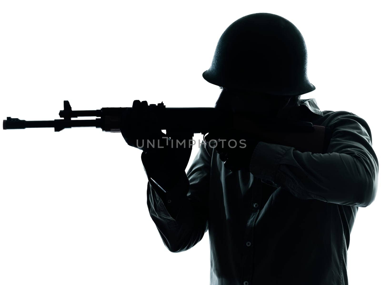 one caucasian army soldier man shooting on studio isolated on white background