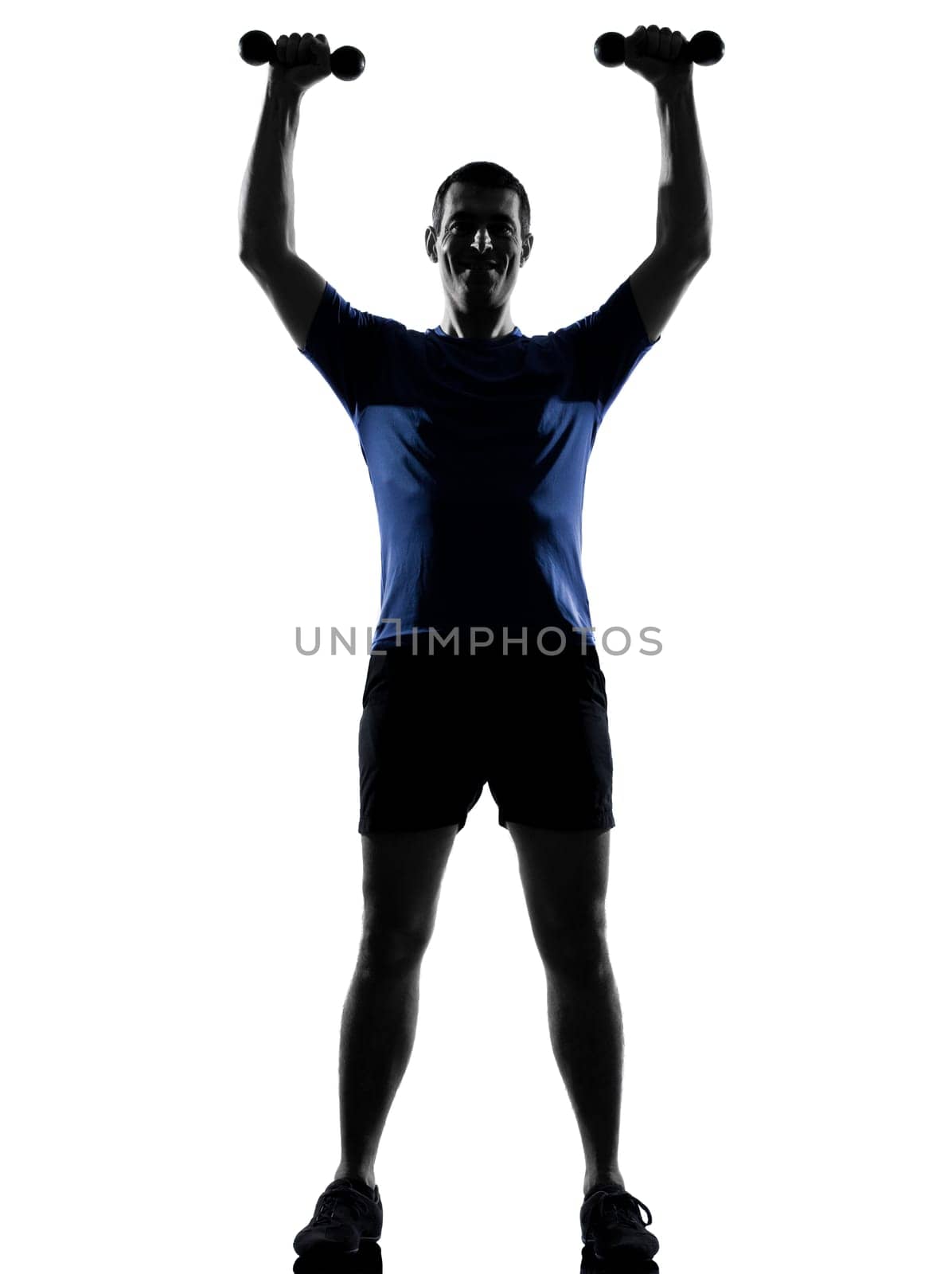 man exercising workout fitness aerobics posture in silhouette studio isolated on white background