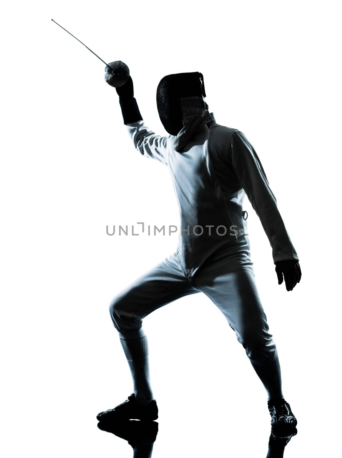 one man fencing silhouette in studio isolated on white background
