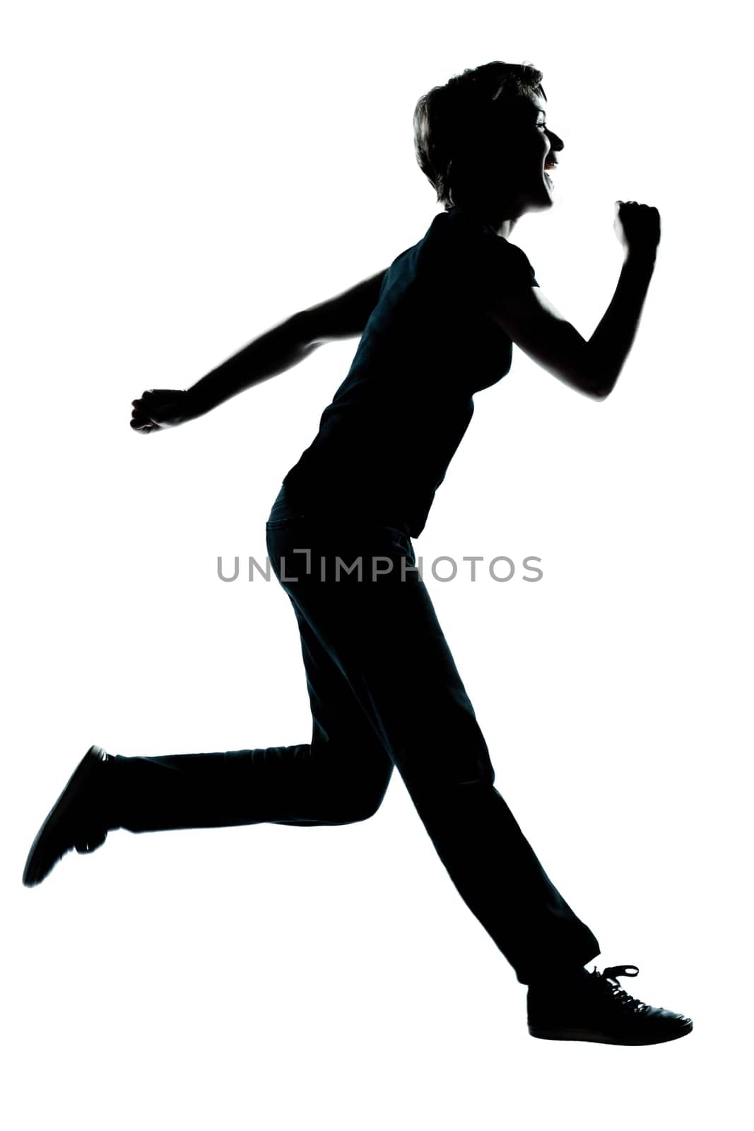 one caucasian young teenager silhouette boy or girl happy running full length in studio cut out isolated on white background