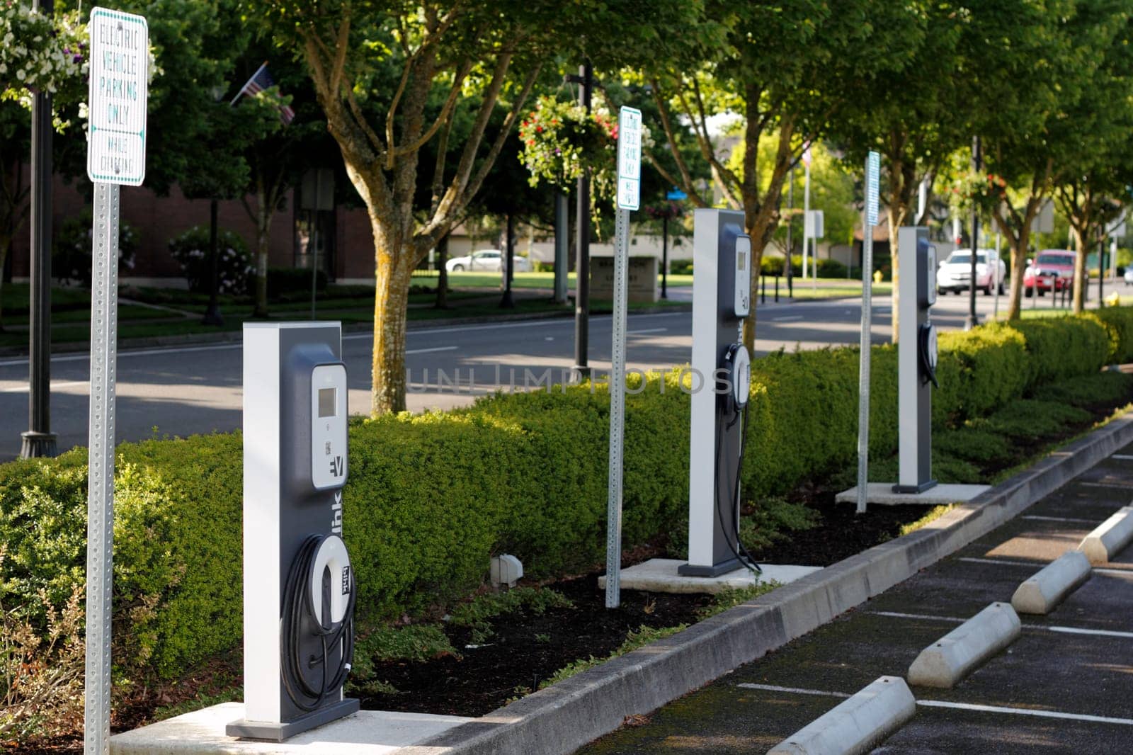 BEAVERTON, OREGON - MAY 25: A few electric vehicle charging stations located across from the city library on May 25, 2012 in Beaverton, Oregon.
