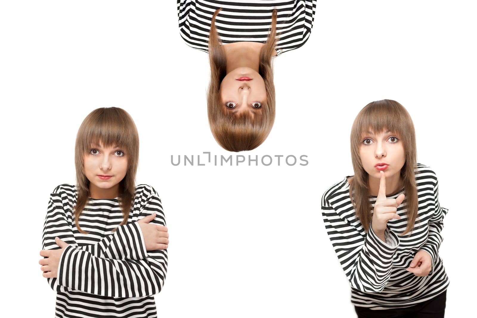 Girl in striped cloth on white background