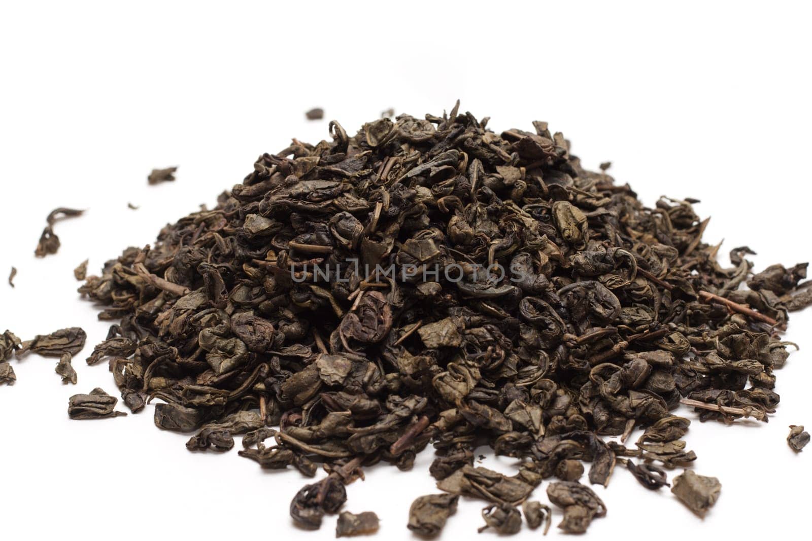 Green tea, dry, sheet insulated on white background