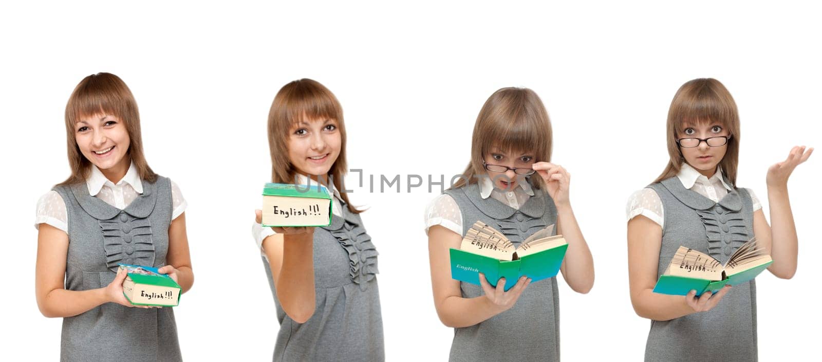 Girl with dictionary English reads on white background, emotions