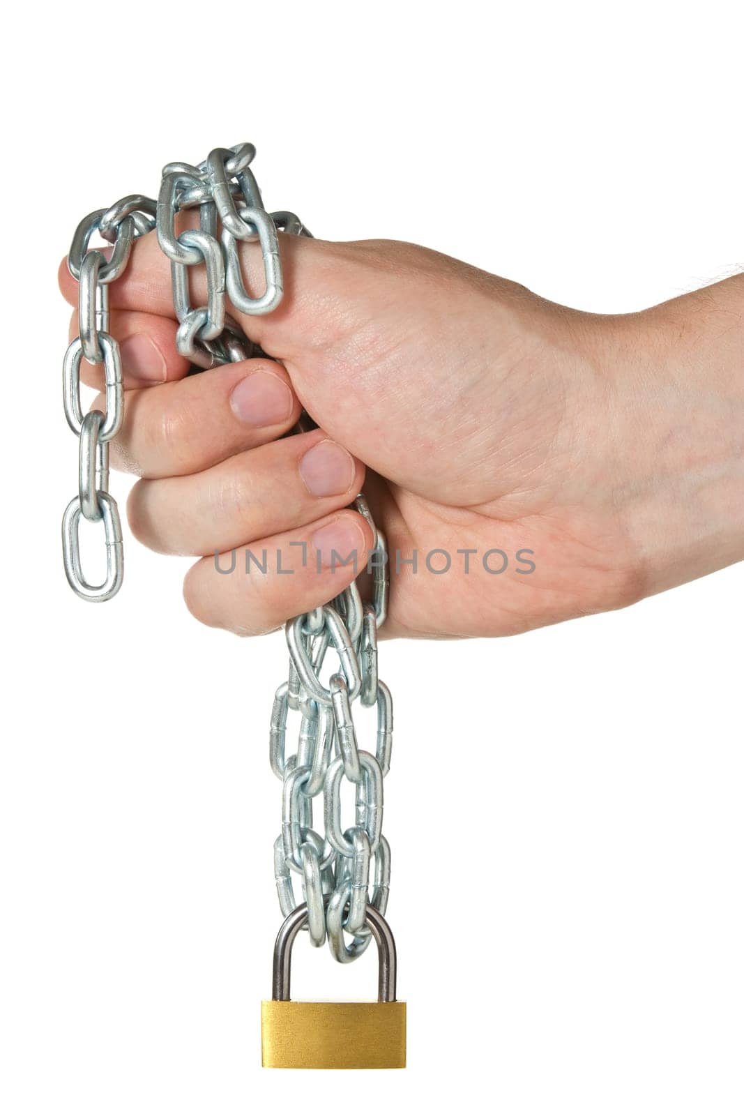 Hand holding chain with padlock. Isolated on white background
