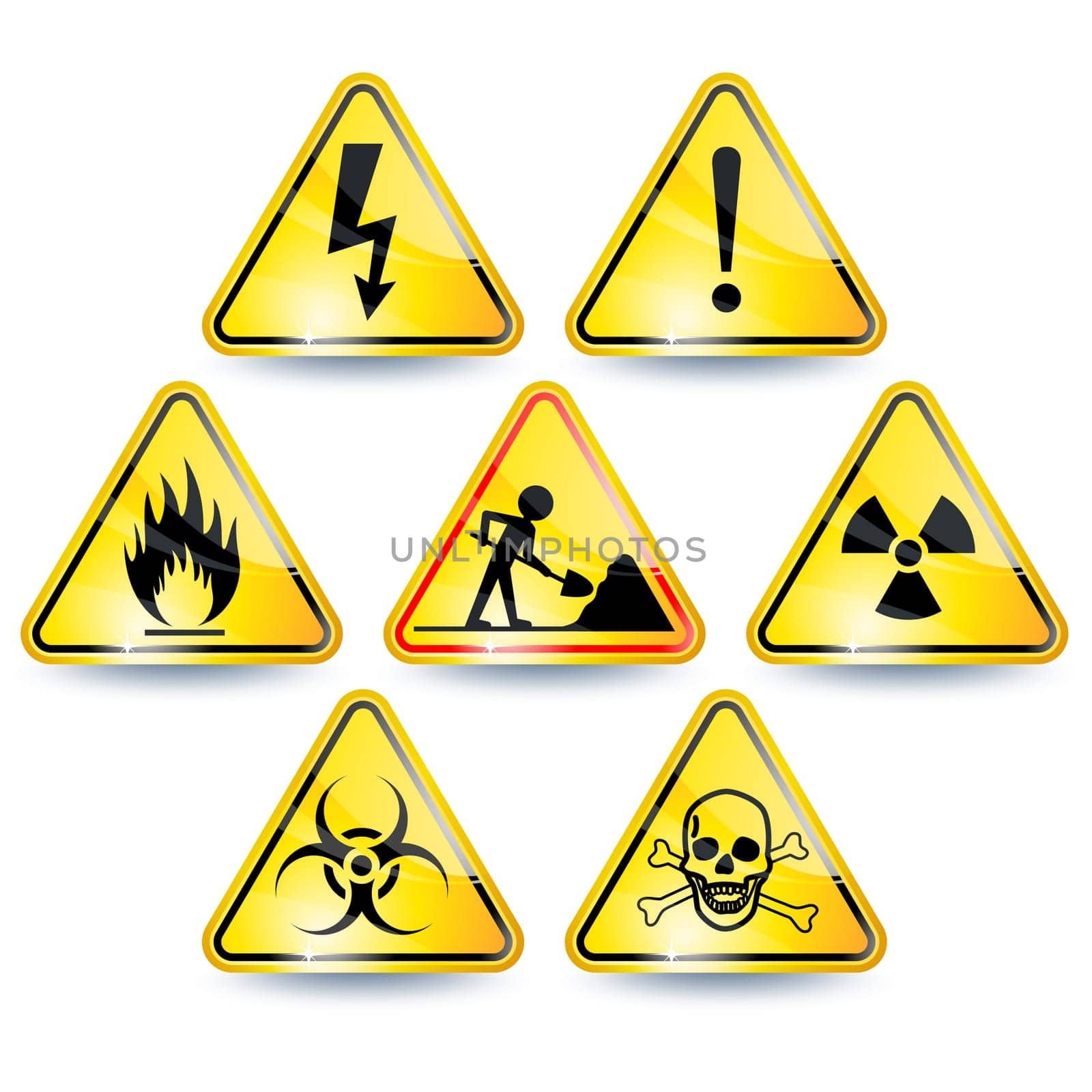 Set of seven yellow warning signs