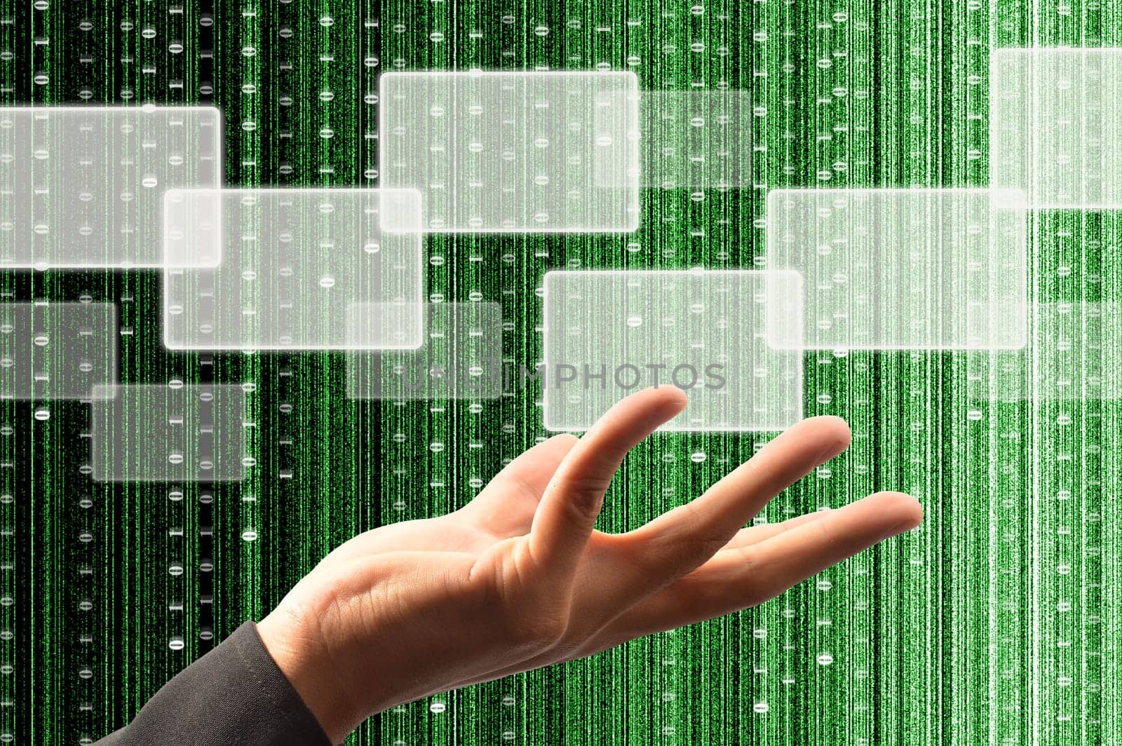 hand hold a touch screen interface with digital matrix background