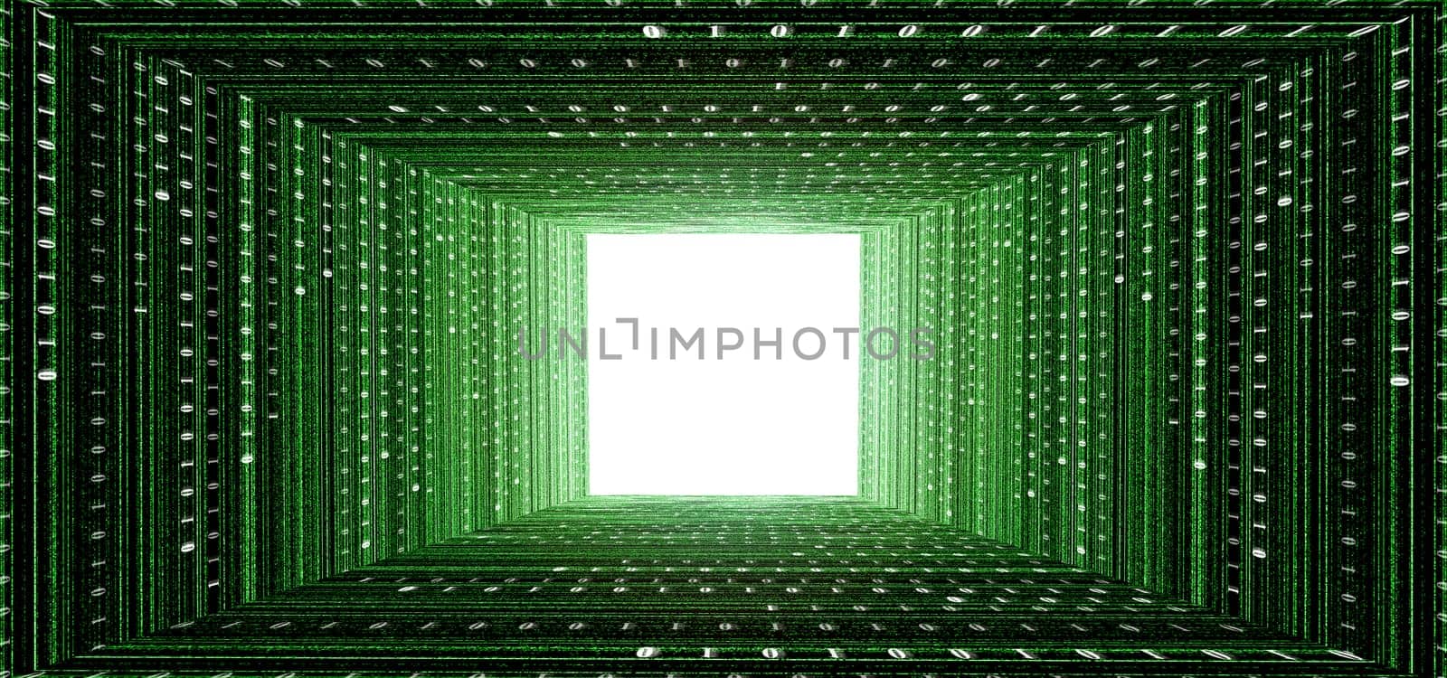 green matrix tunnel with touch screen interface and light at the end