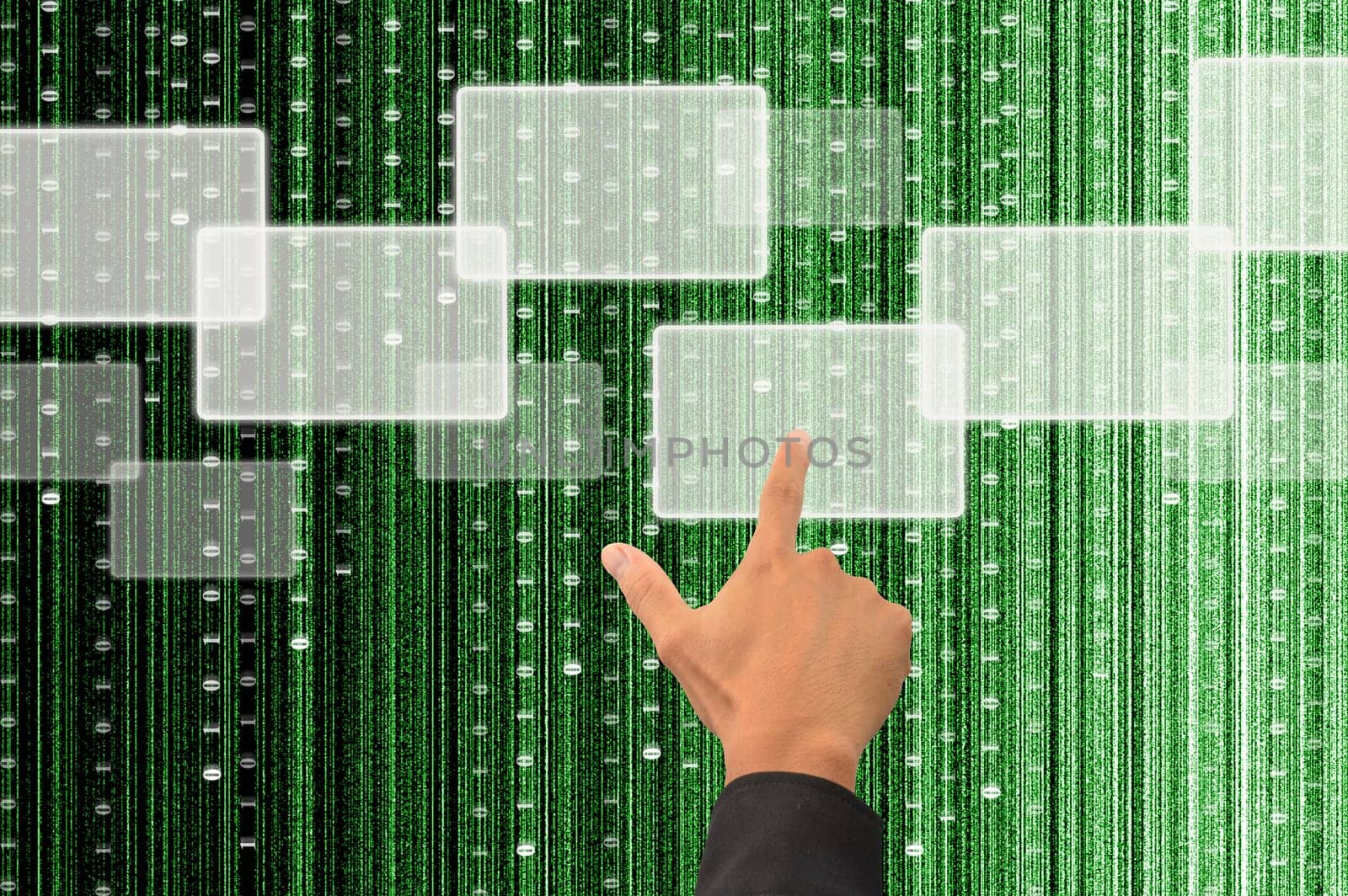 hand pushing a button on a touch screen interface with digital matrix background
