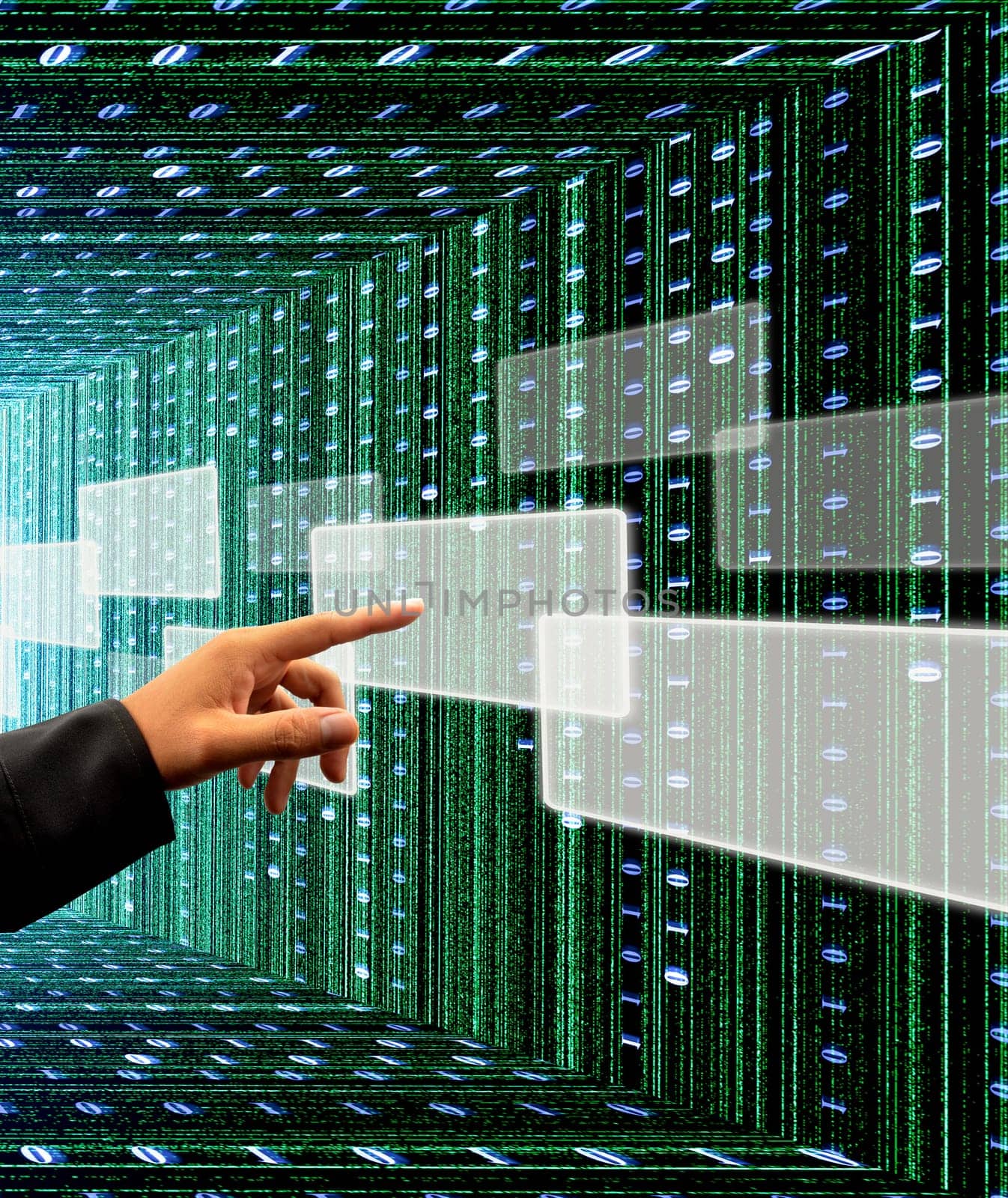 hand pushing a button on a touch screen interface with digital matrix background