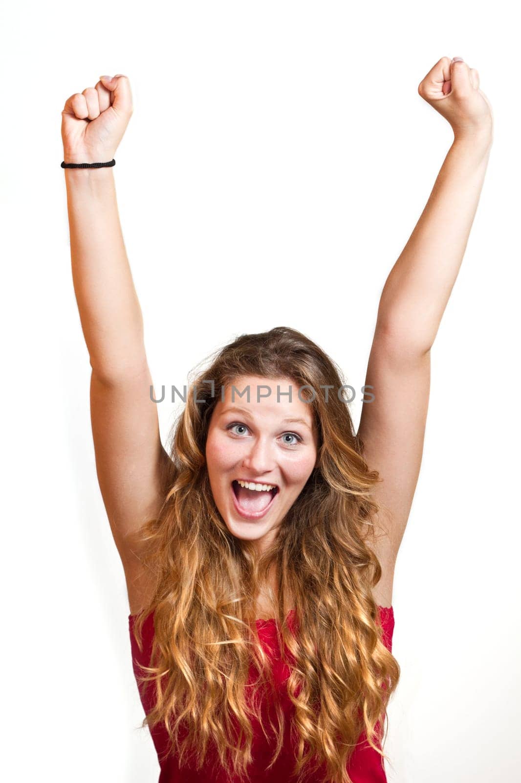 portrait of attractive caucasian smiling woman isolated on white studio