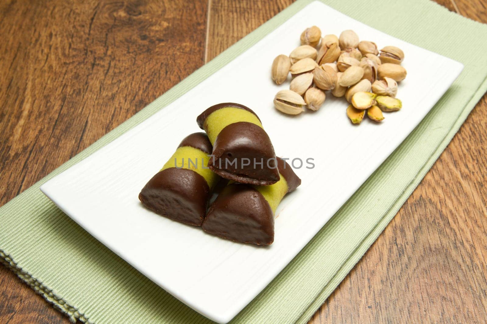 delicious chocolate pastries with pistachio