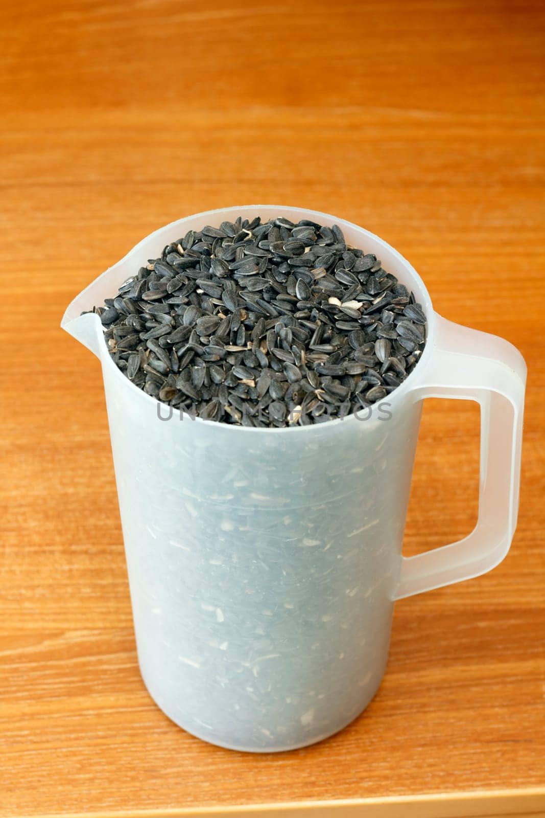 Black oil sunflower seeds in a plastic pitcher used to refill bird feeders.