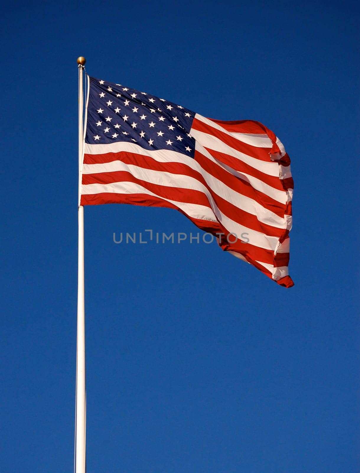 American flag flapping, with clear sky background, vertical