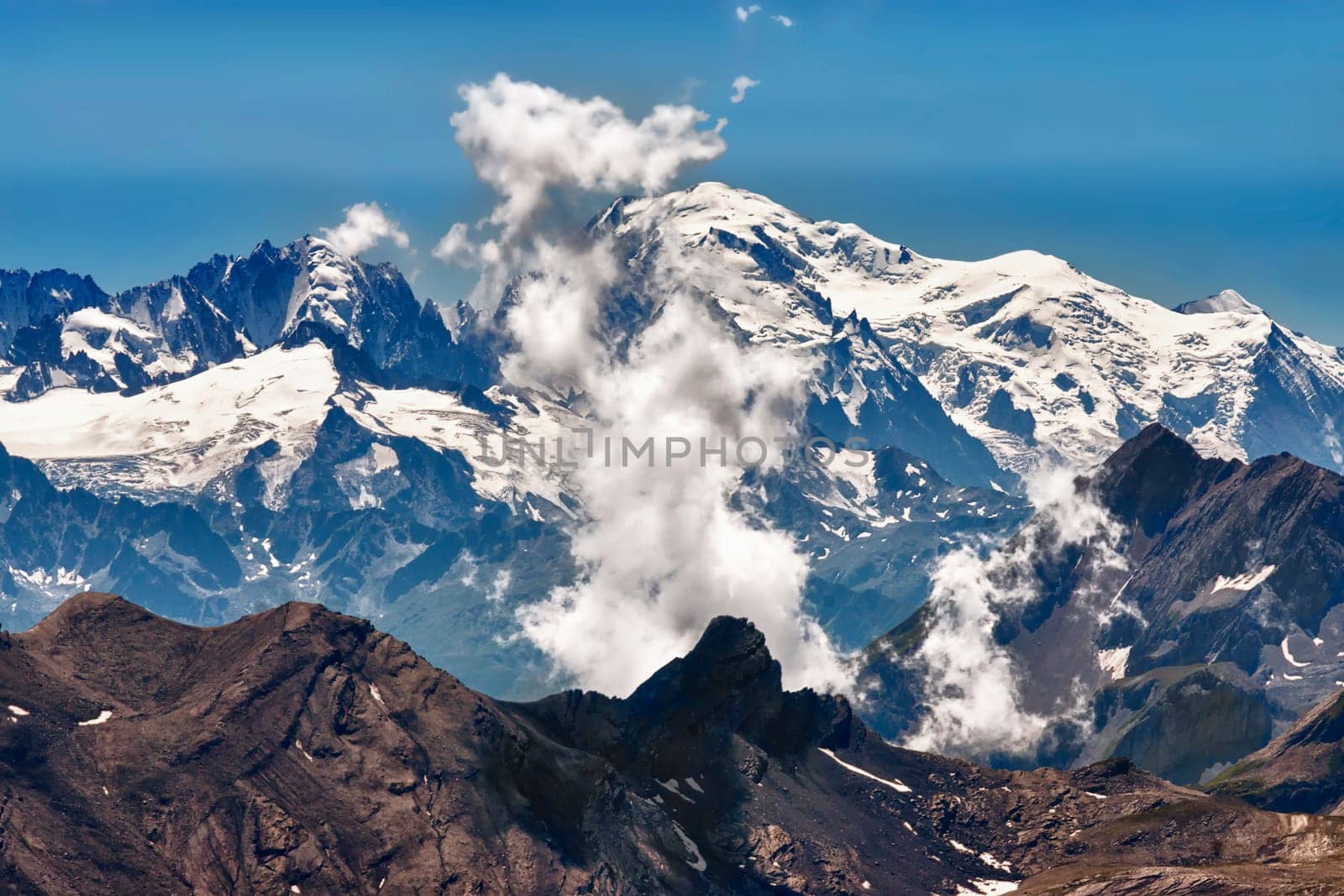 Mont Blanc and Grandes Jorasses seen from the Diableretes glacier