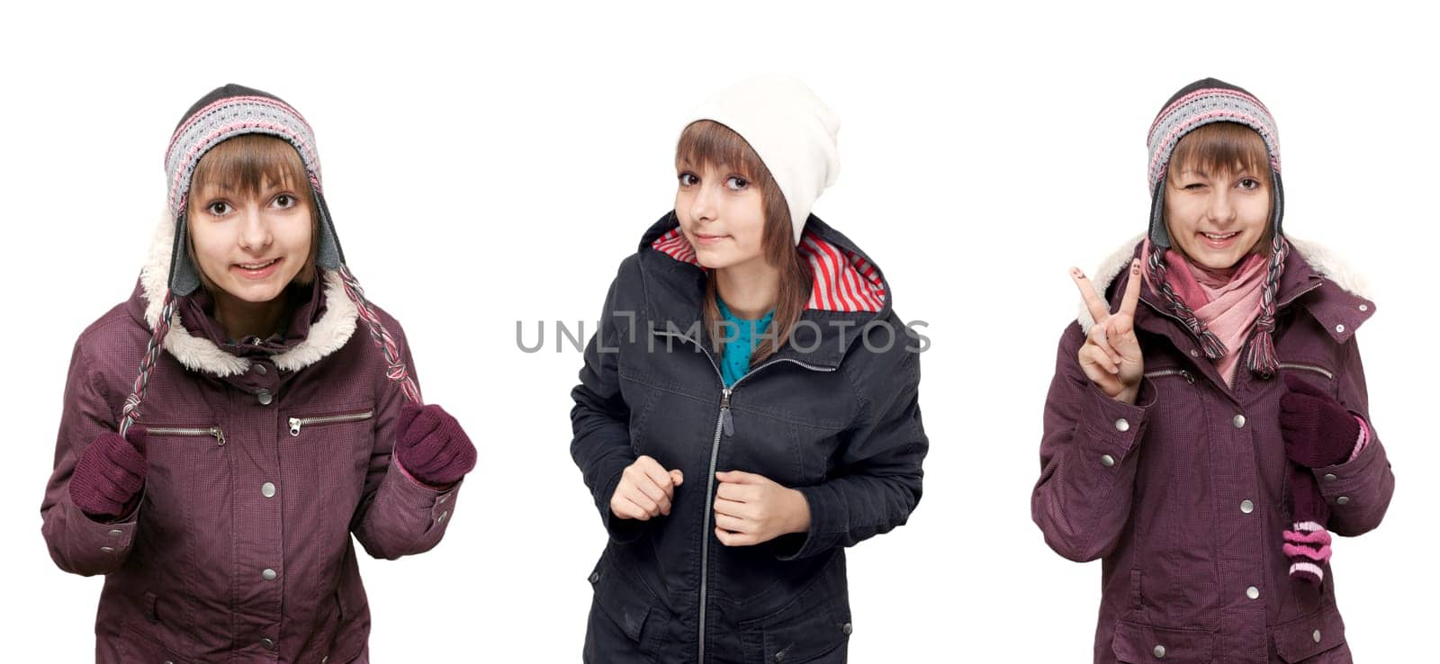 Collage beautiful young girl in winter to cloth on white background. Picture built from several pictures