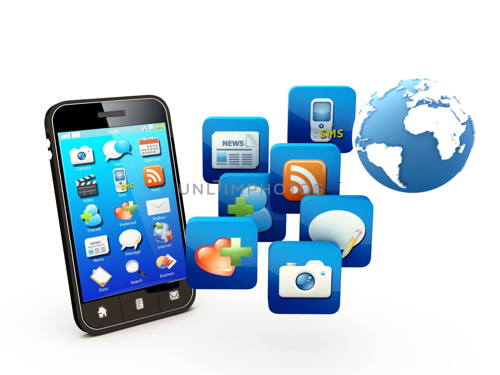 Smartphone with cloud of application icons  Note: All Devices design and all screen interface graphics in this series are designed by the contributor him self.