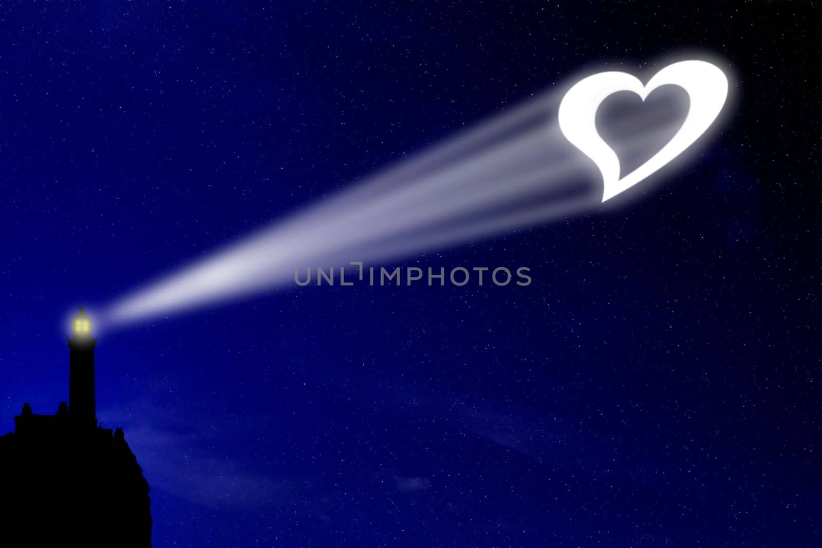 The love lighthouse projects a heart signal in the night deep blue sky, a sign for all lovers to celebrate their feeling