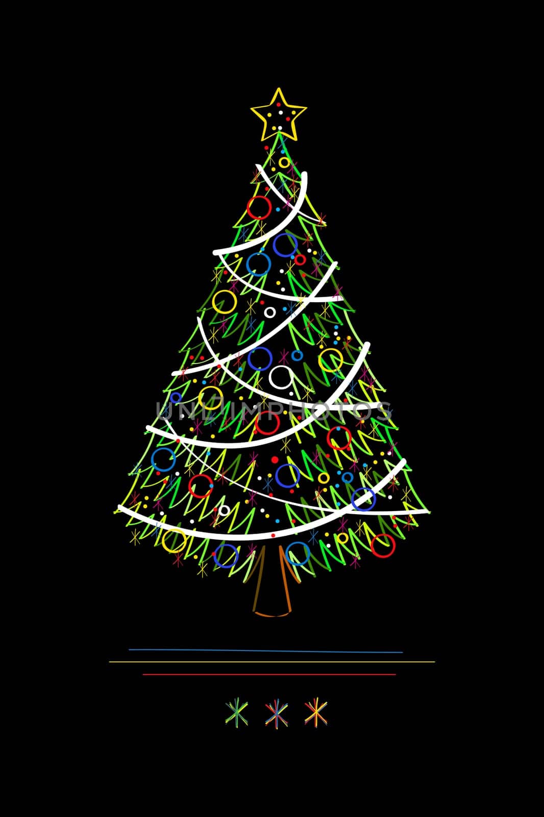 Abstract Christmas tree, isolated and grouped objects over black