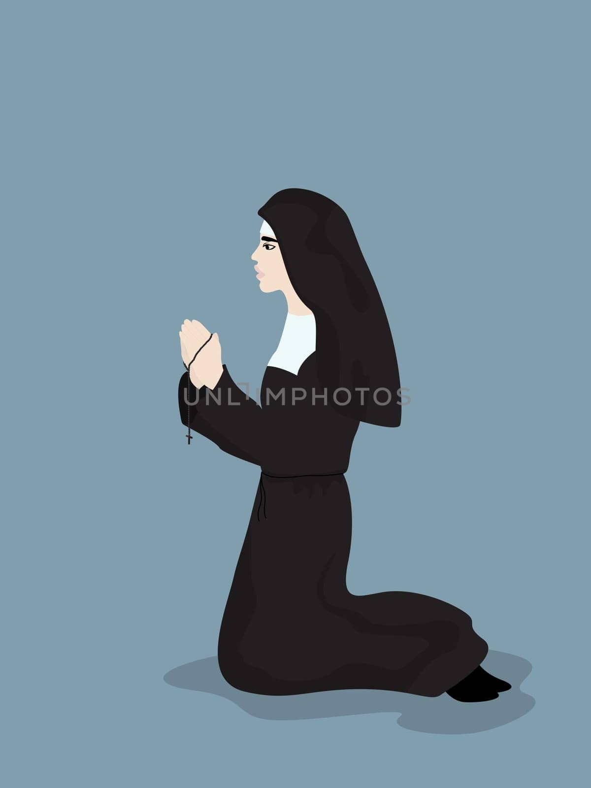 Cartoon style drawing of a praying nun
