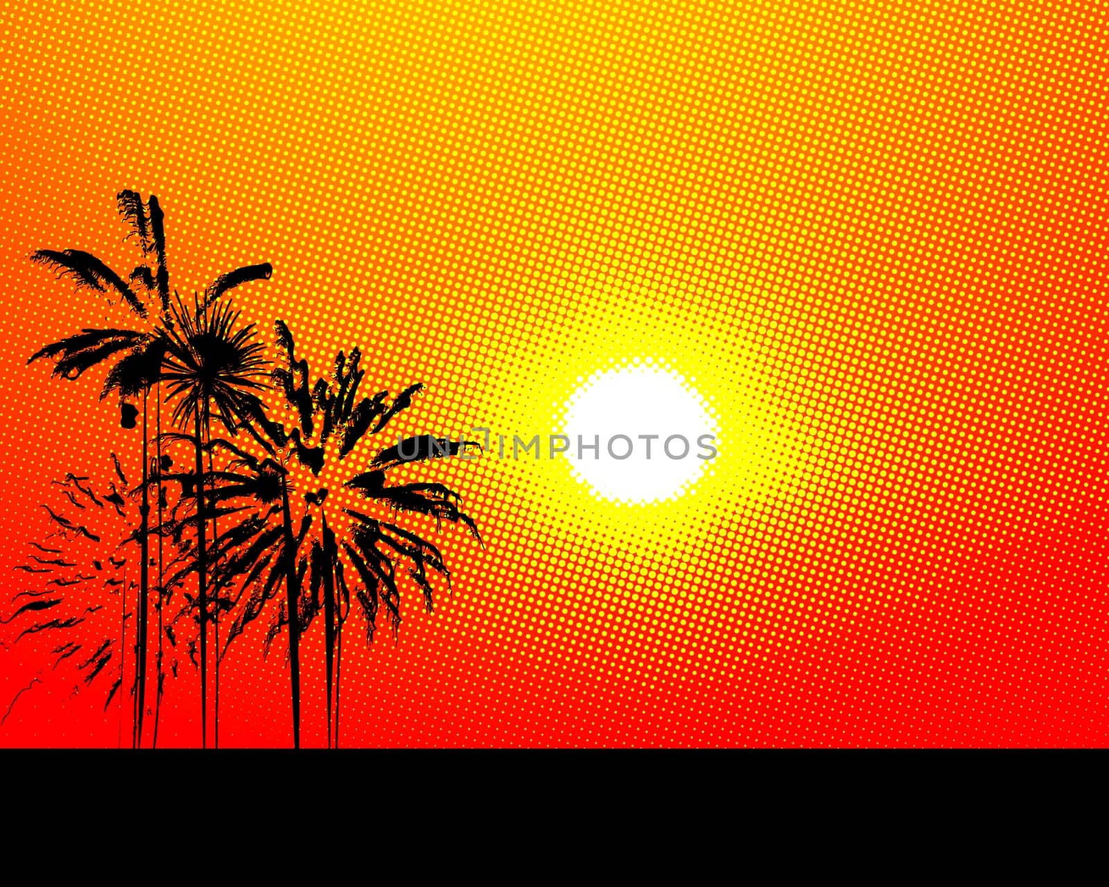 Stylized summer background with halftone sun and palm trees