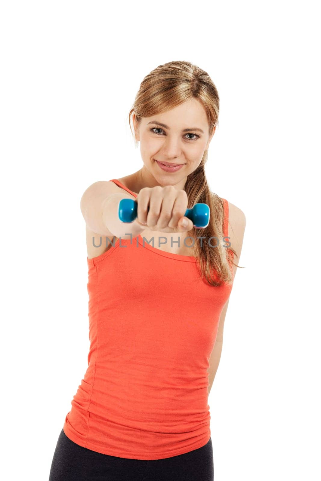 Blonde sportswoman exercising with a fitness dumbbell in front of white background