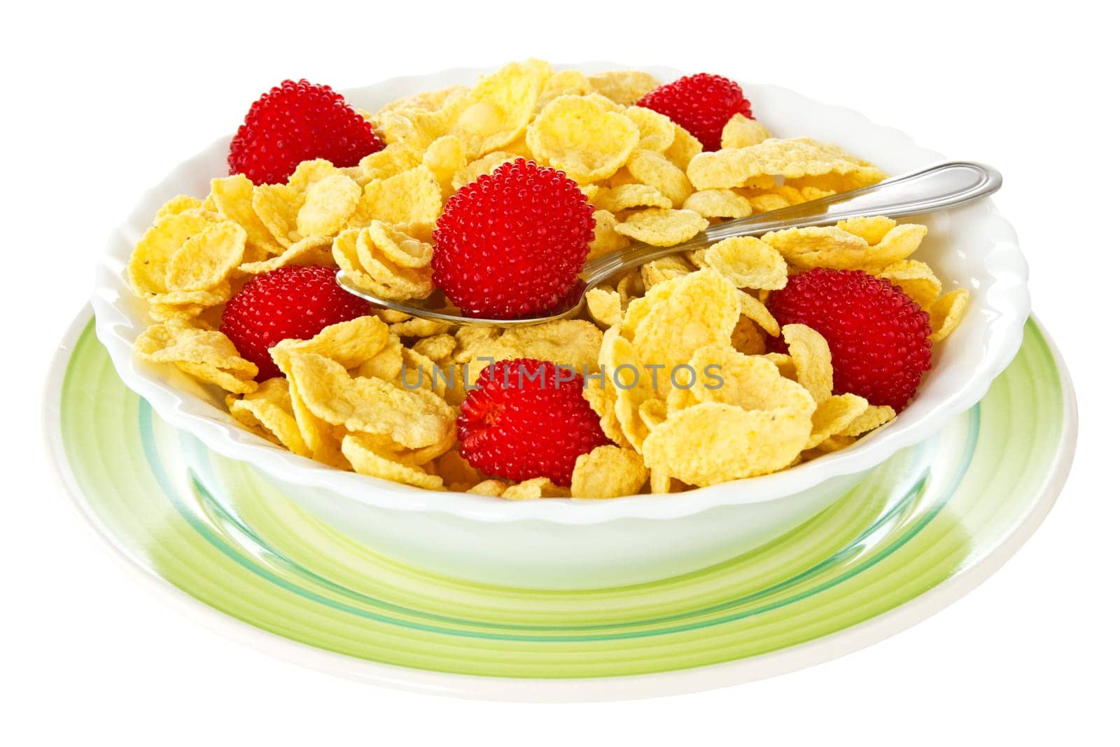Bowl of corn flakes with berries. Isolated on white background