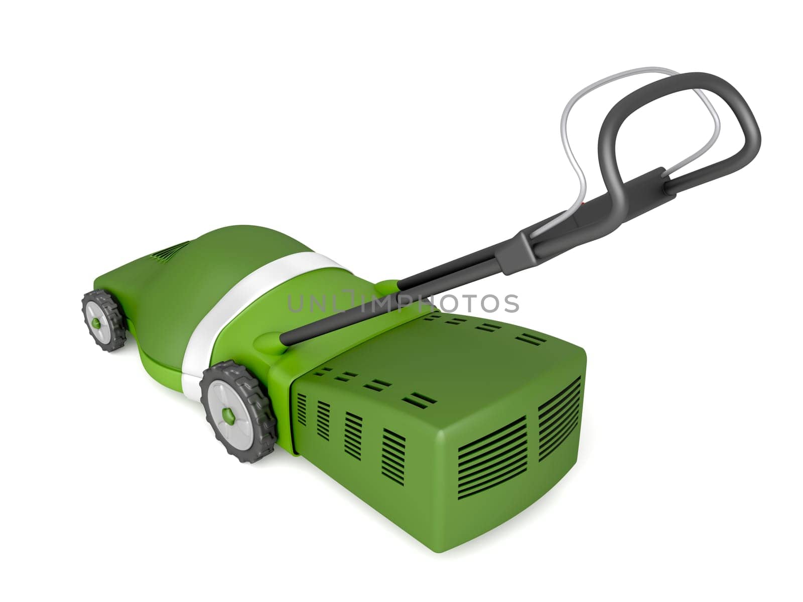 Green lawn mower on white background