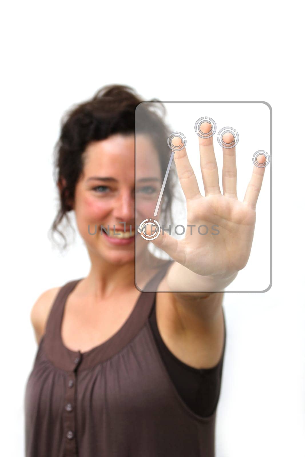 young woman making a finger gesture on a digital interface