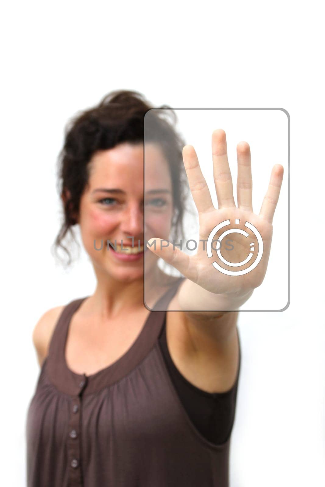 young woman making a finger gesture on a digital interface