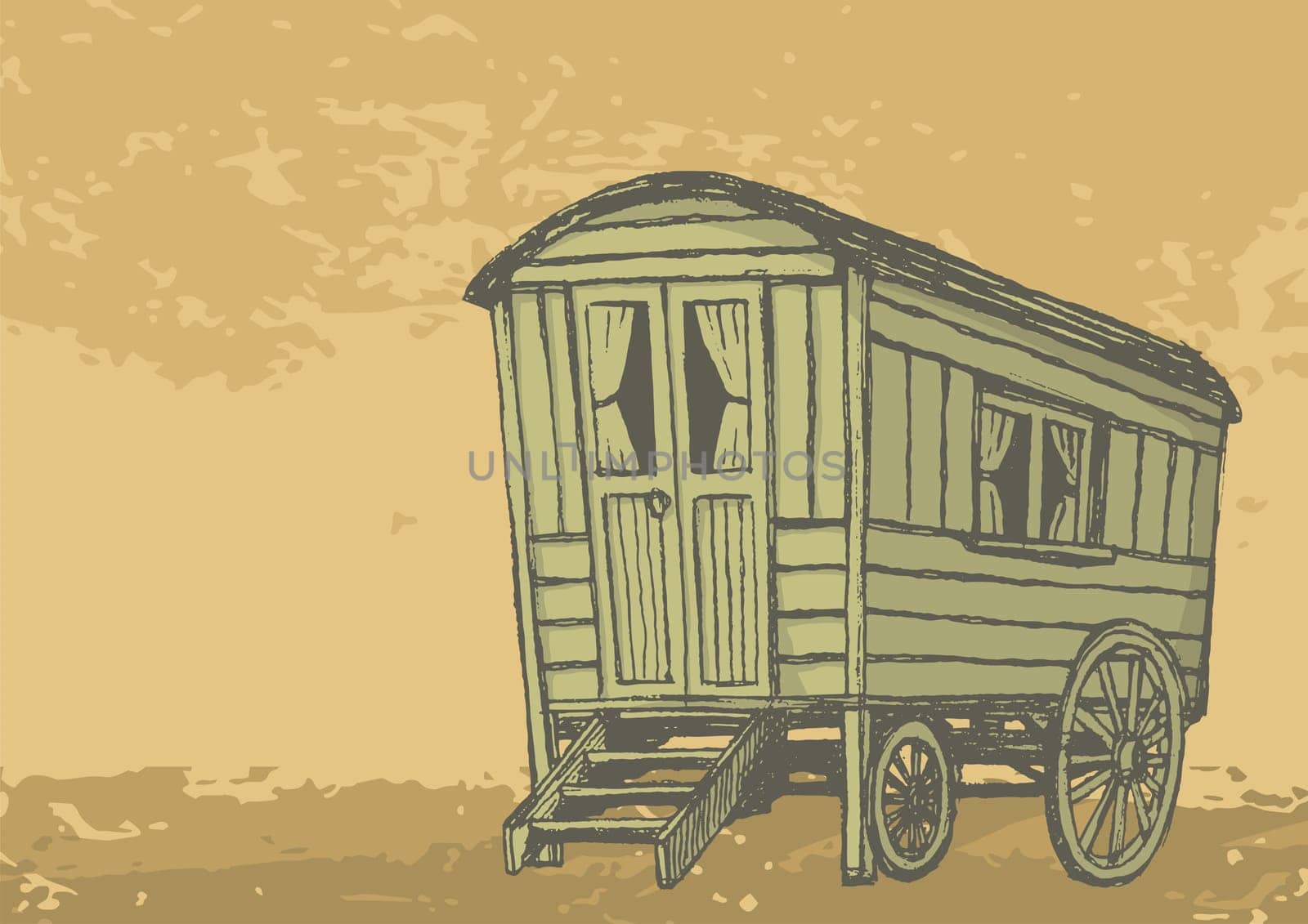 Sketch of gypsy caravan wagon colored in sepia tones