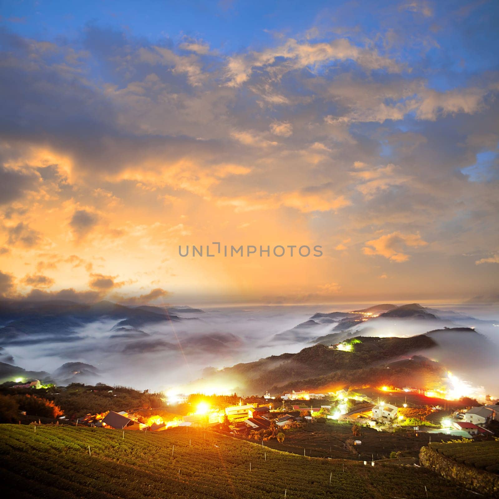 Amazing sunrise and mountain of cloud with mountains and tree