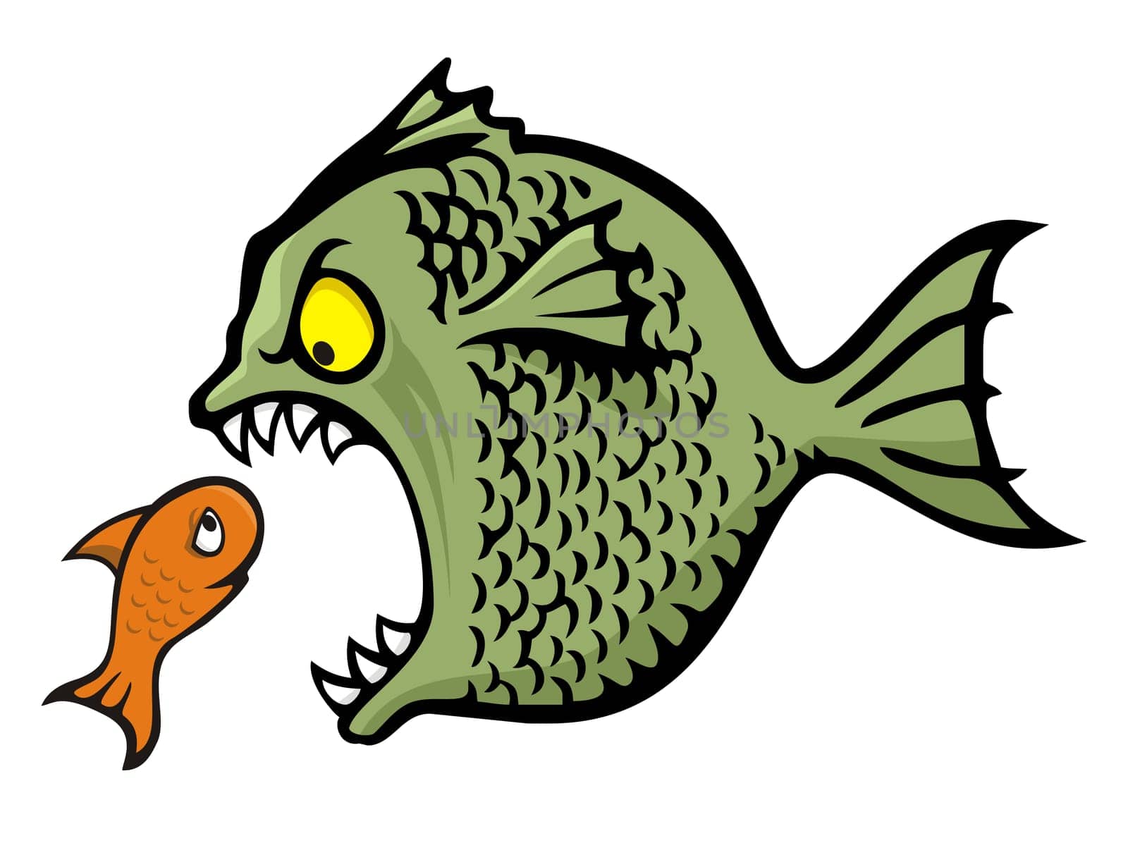 Angry fish bullying a little one cartoon illustration