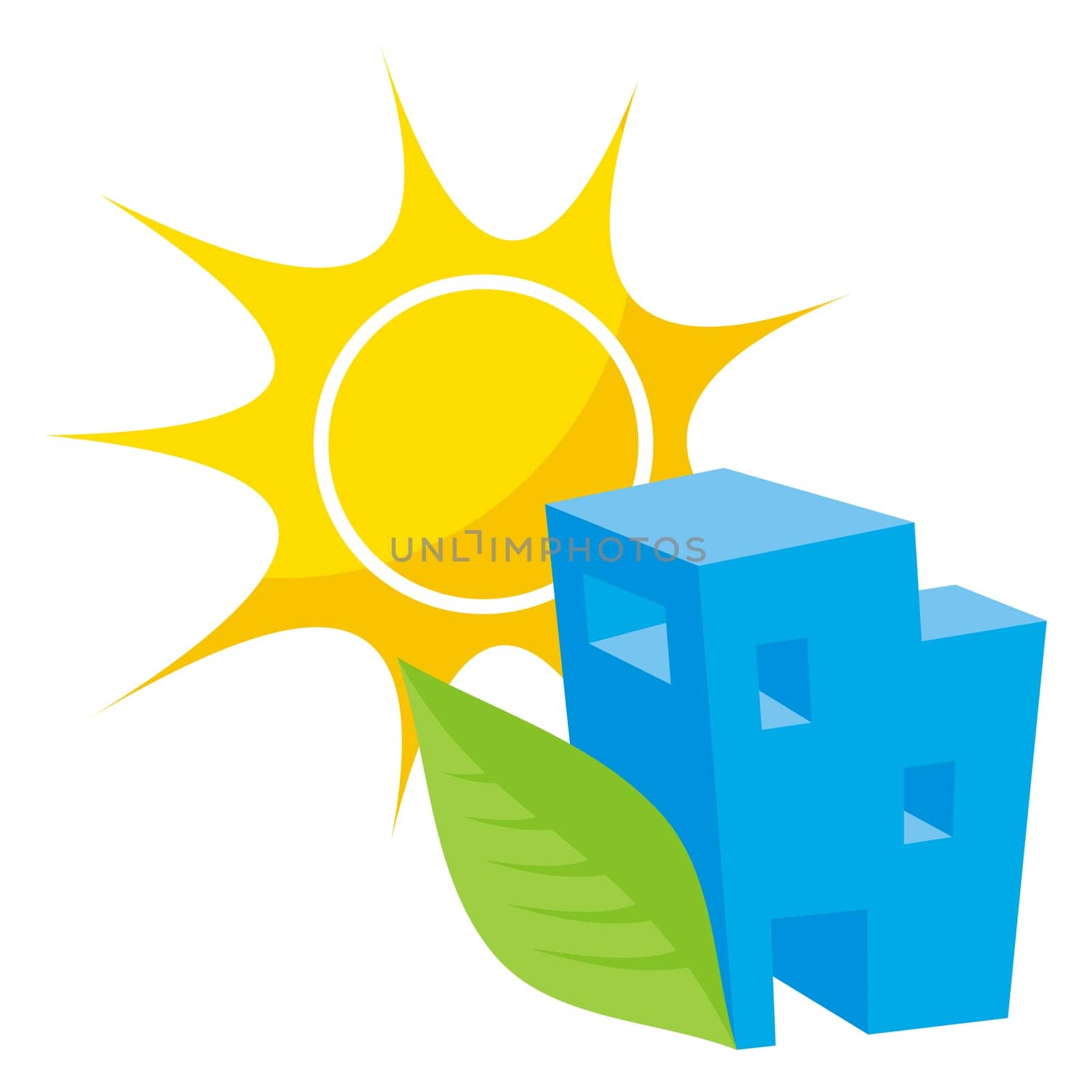 Greener home icon with blue building leaf and sun